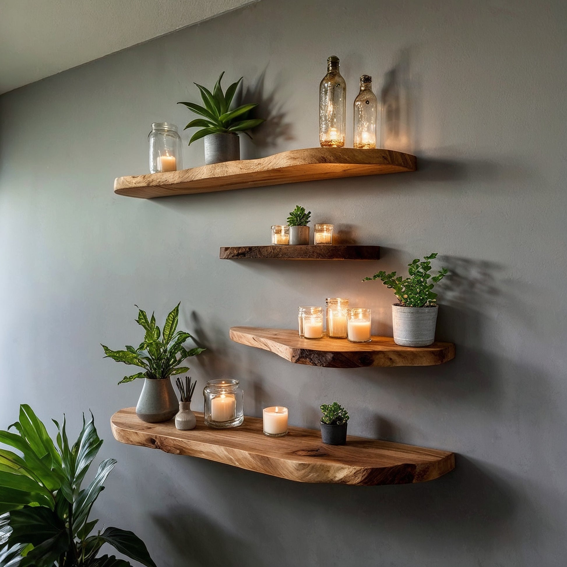 GlowBranch Floating Shelf – Live Edge Wall Shelf for Candles, Plants & Decor - Bespoke Wood TTK