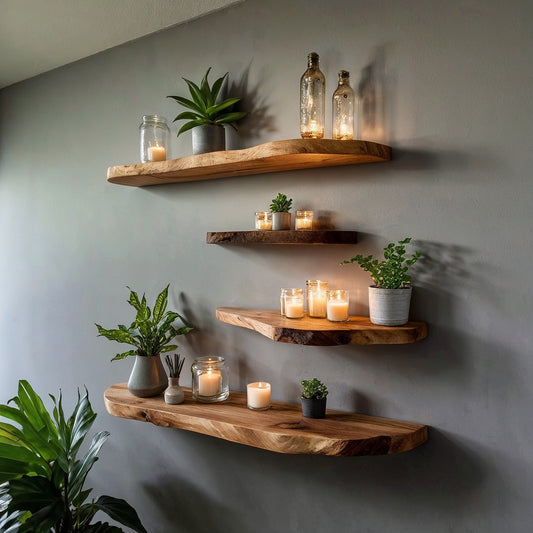 GlowBranch Floating Shelf – Live Edge Wall Shelf for Candles, Plants & Decor - Bespoke Wood TTK