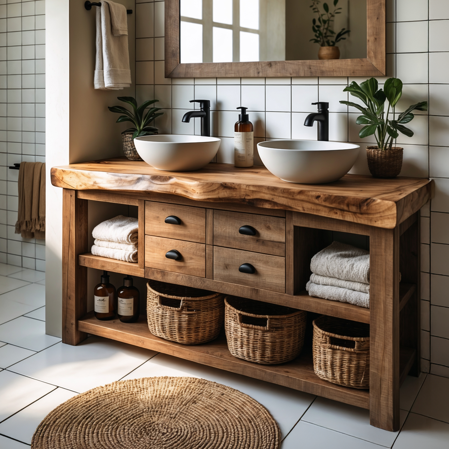 Live Edge Solid Wood Bathroom Vanity – Rustic Handmade Wood Sink Cabinet, Custom Natural Wood Vanity - Bespoke Wood TTK
