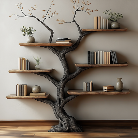 ShadowGrove Tree Bookshelf – Black-Stained Artisan Wall Shelf for Luxury Home Decor - Bespoke Wood TTK