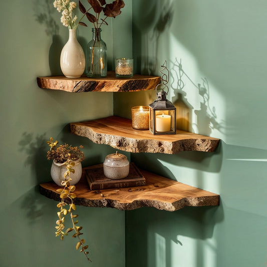 Elmara Live Edge Corner Shelf – Handmade Rustic Floating Wall Decor - Bespoke Wood TTK