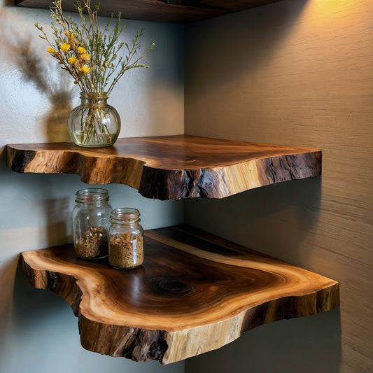 CornerGrove | Live Edge Floating Corner Shelf | Handmade Solid Wood Wall Decor - Bespoke Wood TTK