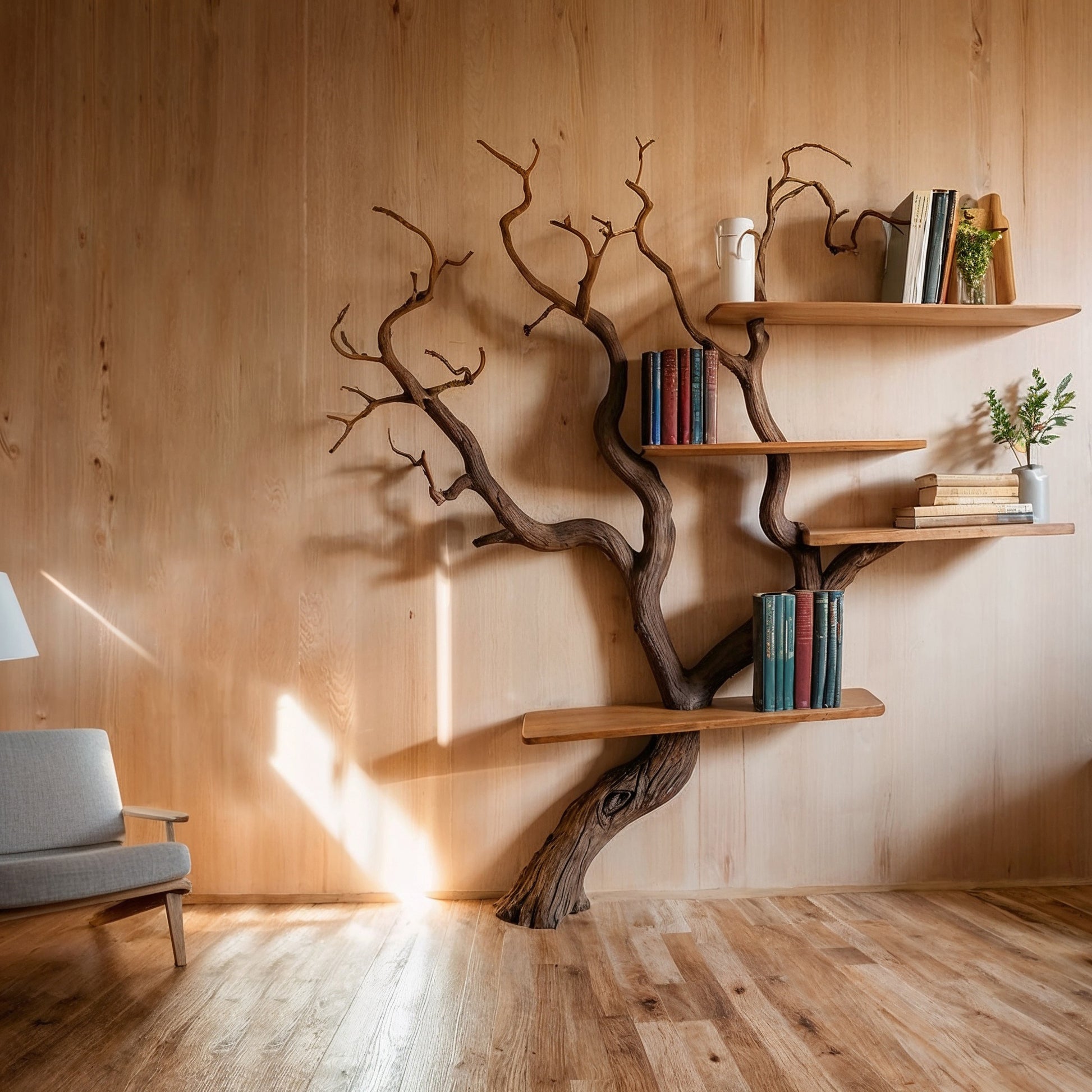 ElmRise Tree Wall Bookshelf – Handmade Wall-Mounted Branch Bookcase with Wooden Shelves - Bespoke Wood TTK