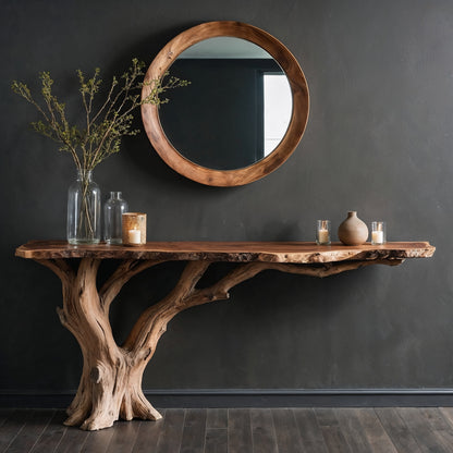 RootNest Console Table – Handmade Live Edge Entryway Table with Rustic Trunk Base - Bespoke Wood TTK