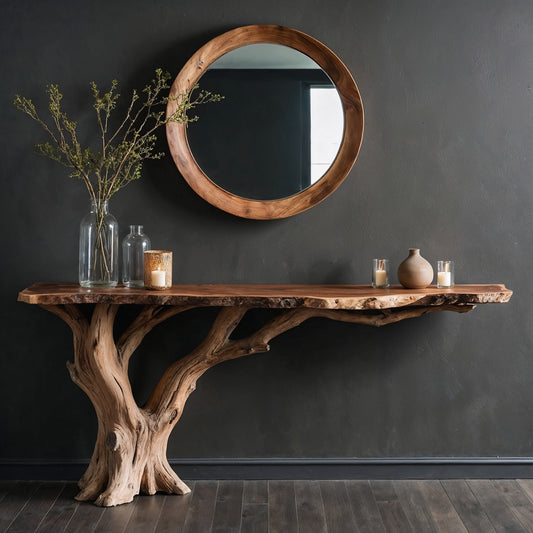 RootNest Console Table – Handmade Live Edge Entryway Table with Rustic Trunk Base - Bespoke Wood TTK