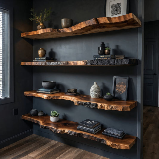 TimberLine Floating Shelf – Long Live Edge Wall-Mounted Solid Wood Bookshelf - Bespoke Wood TTK