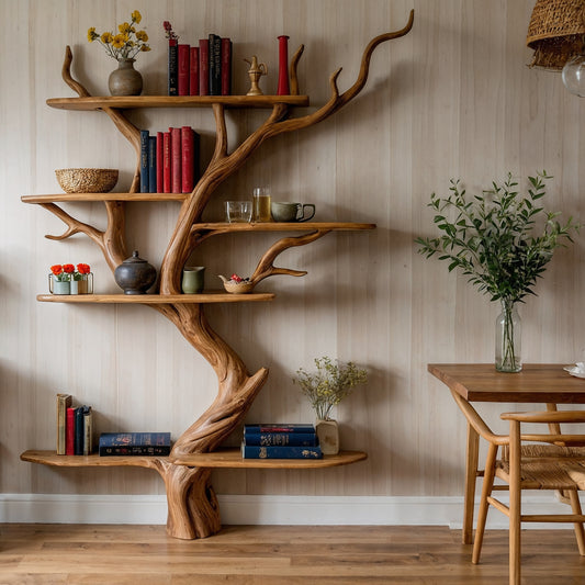 TreeWhirl Bookshelf – Handmade Rustic Tree Shelf For Nature-Inspired Home Decor - Bespoke Wood TTK