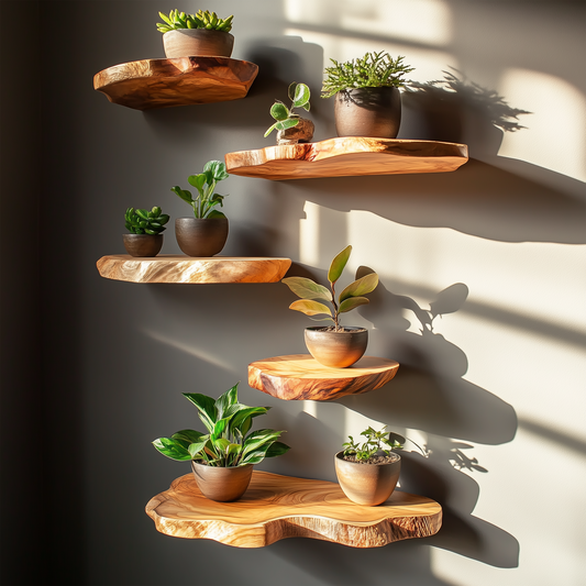Sunrise Edge Floating Shelf – Organic Wood Corner Wall Display - Bespoke Wood TTK