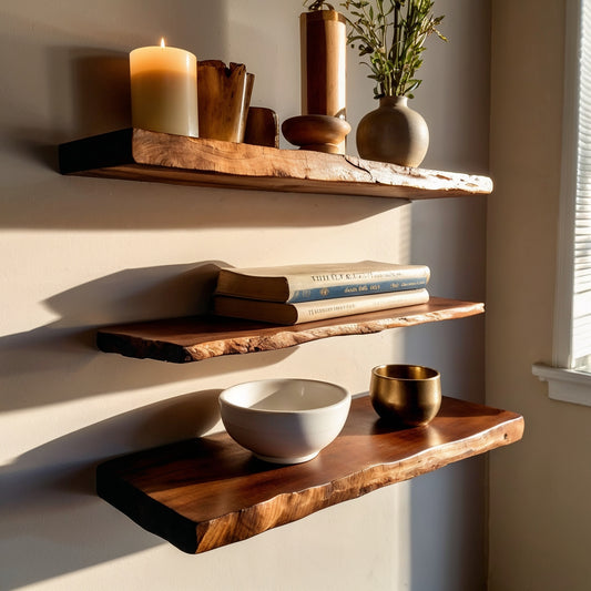 SunsetEdge Floating Shelf – Long Live Edge Wood Wall Shelf for Display & Decor - Bespoke Wood TTK
