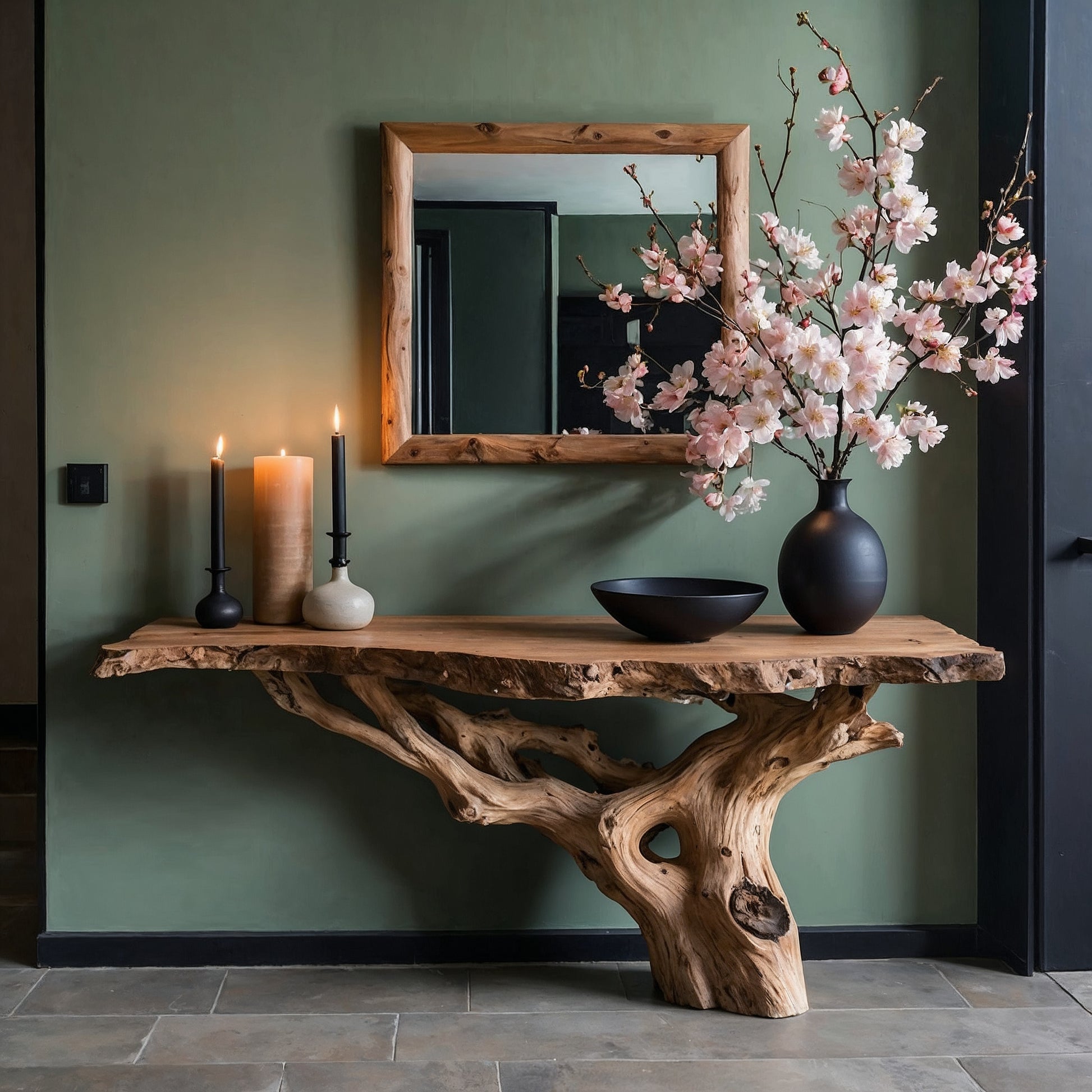 BloomRoot Console Table – Handmade Live Edge Entryway Table with Rustic Tree Base - Bespoke Wood TTK