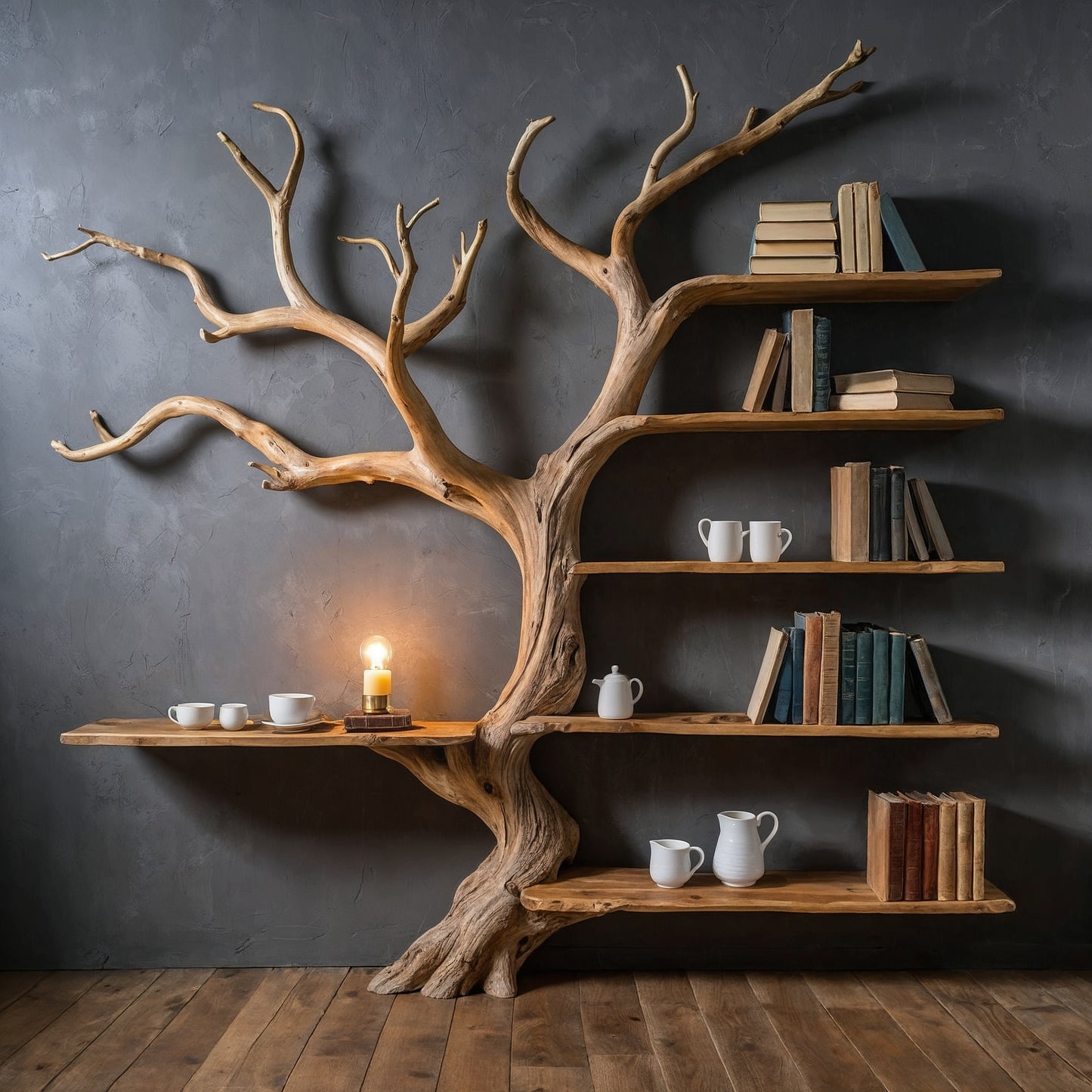 ElderBough Tree Shelf – Grand Driftwood Wall Bookcase for Rustic Interiors - Bespoke Wood TTK