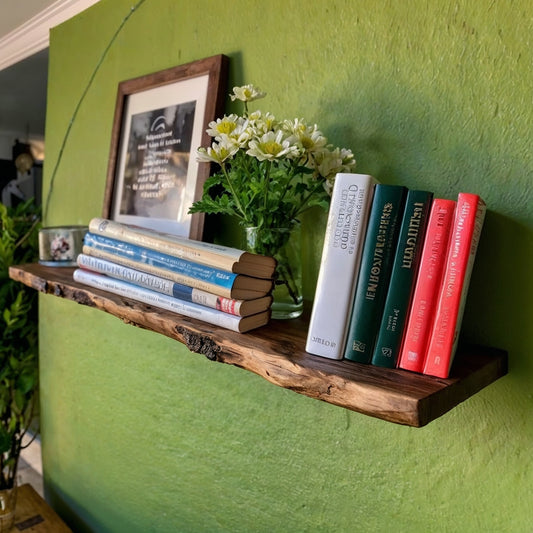 VerdiLedge Floating Shelf – Rustic Live Edge Wall Bookshelf With Hidden Bracket - Bespoke Wood TTK