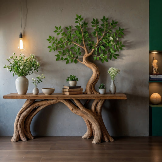 TreeForm Tree Console Table – Live Edge Solid Wood Entryway Table with Artistic Tree Trunk Base - Bespoke Wood TTK