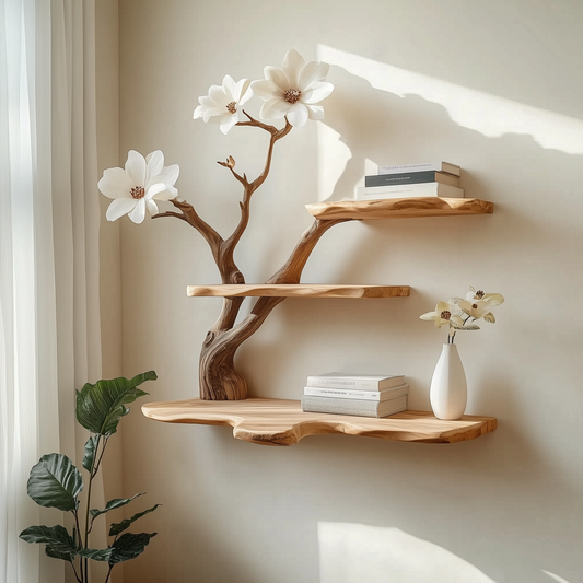 Bloomloom Tree Bookshelf | Wall-Mounted Wooden Branch Shelf With White Floral Accents For Nature-Inspired Decor - Bespoke Wood TTK