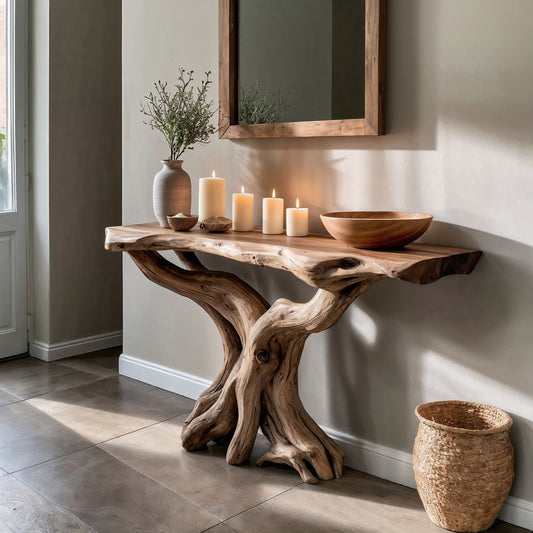 TrunkHollow Console Table – Handmade Reclaimed Wood Entryway Table with Natural Driftwood Base - Bespoke Wood TTK