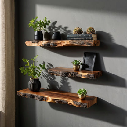 BarkHaven Floating Shelf – Rustic Live Edge Wall Shelves for Plants, Books & Natural Decor - Bespoke Wood TTK