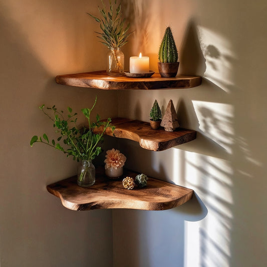 SolNest Live Edge Corner Shelf – Handmade Wooden Wall Display For Cozy Holiday Decor - Bespoke Wood TTK