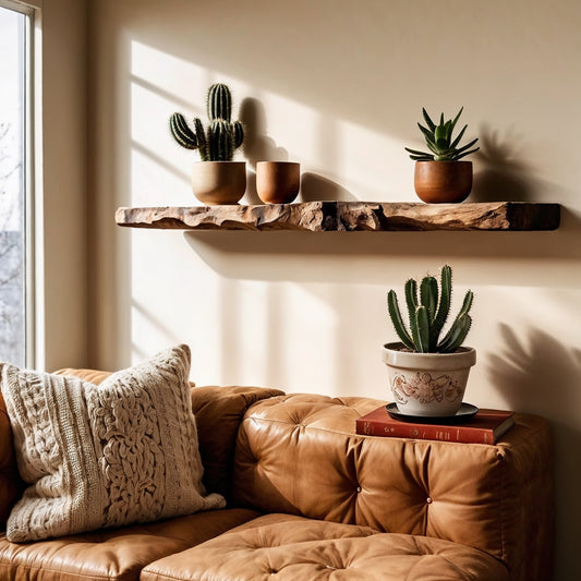 Sunridge Floating Shelf – Long Rustic Live Edge Solid Wood Wall Shelf - Bespoke Wood TTK