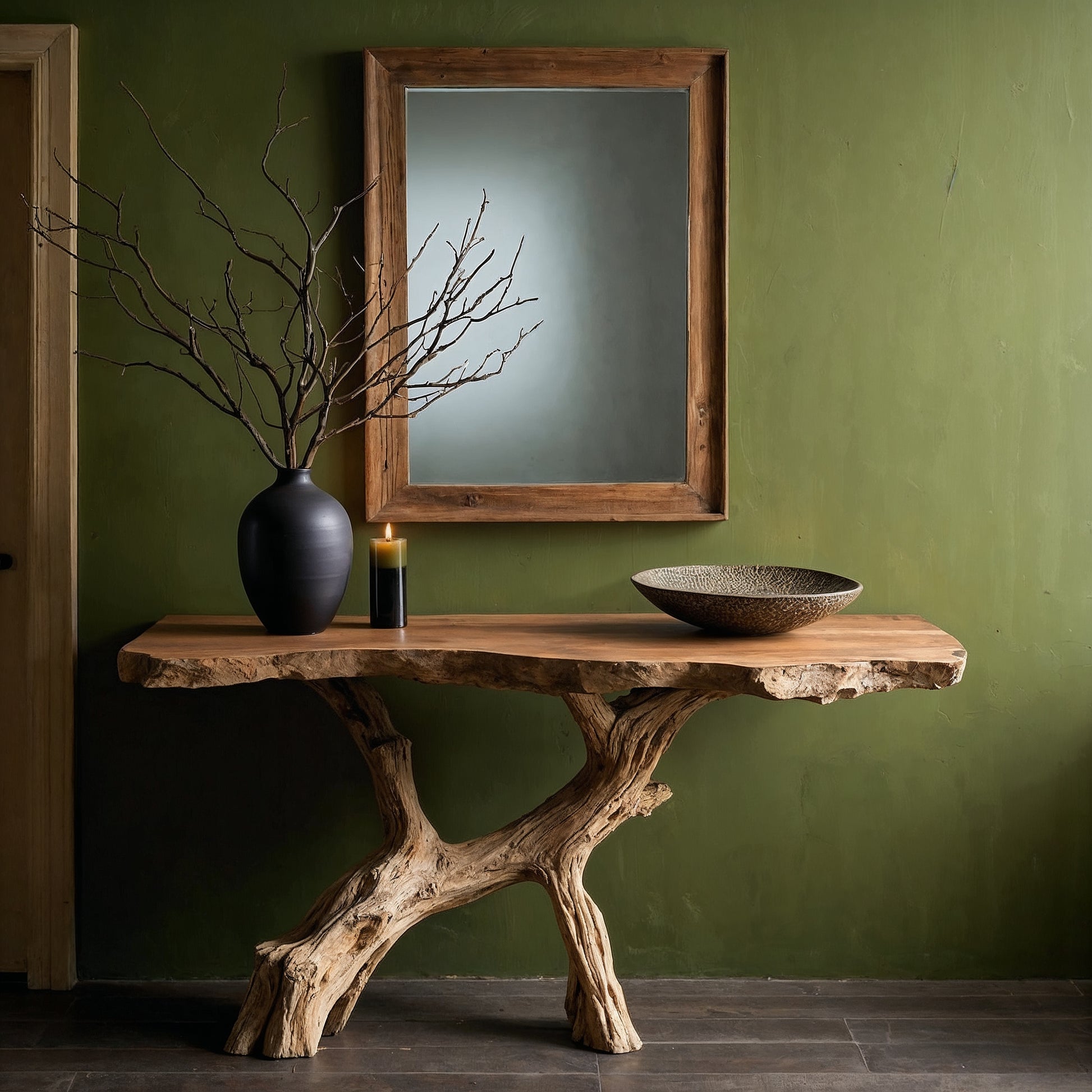 MossRoot Console Table – Rustic Live Edge Entry Table with Natural Wood Base - Bespoke Wood TTK