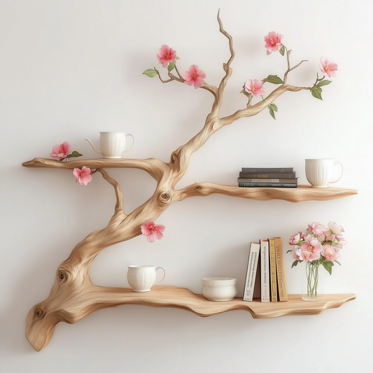 Zenblossom Tree Bookshelf | 3-Tier Wooden Branch Wall Shelf For Japanese Zen & Nature-Inspired Home Decor - Bespoke Wood TTK