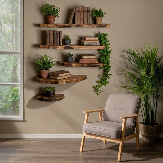 Formnest Floating Shelf – Long Live Edge Wall Bookshelf in Rustic Solid Wood - Bespoke Wood TTK