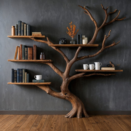 ShadowBark Tree Bookshelf – Handmade Wooden Wall Bookcase for Rustic Living Spaces - Bespoke Wood TTK
