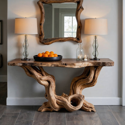 TwistRoot Console Table – Live Edge Solid Wood Entryway Table with Sculptural Base - Bespoke Wood TTK