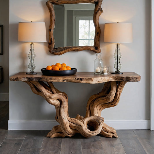 TwistRoot Console Table – Live Edge Solid Wood Entryway Table with Sculptural Base - Bespoke Wood TTK