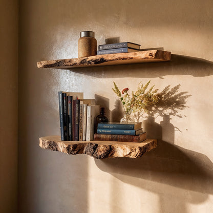 OakLedge Long Floating Shelf – Rustic Live Edge Wall Bookshelf - Bespoke Wood TTK