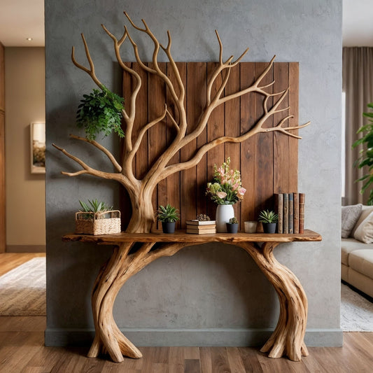 TreeRise Console Table | Handmade Live Edge Entryway with Tree Wall Decor - Bespoke Wood TTK