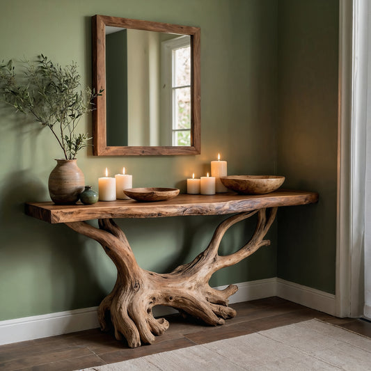 RootGlide Console – Handmade Live Edge Entry Table in Reclaimed Wood - Bespoke Wood TTK
