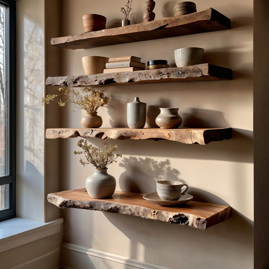 TerraNest Floating Shelf – Rustic Live Edge Wood Wall Display for Home & Nursery - Bespoke Wood TTK