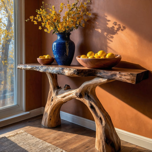 SunRoot Console Table – Rustic Live Edge Entryway Table with Organic Tree Base - Bespoke Wood TTK