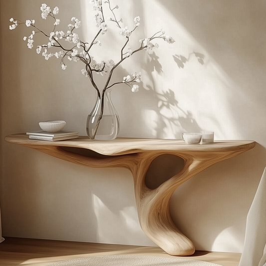 Minimalist Sculptural Wood Console Table, Organic Modern Entryway Table, Japandi Live Edge Furniture For Hallway Or Living Room - Bespoke Wood TTK