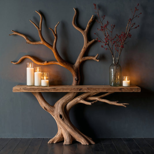 BranchEcho Tree Console Table – Artistic Wall-Mounted Wooden Sculpture - Bespoke Wood TTK