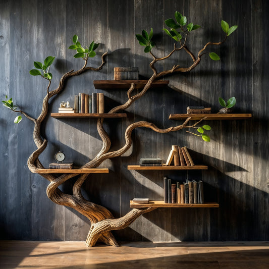 TwineRoot Tree Bookshelf – Handmade Rustic Wooden Wall Bookcase for Nature-Inspired Decor - Bespoke Wood TTK