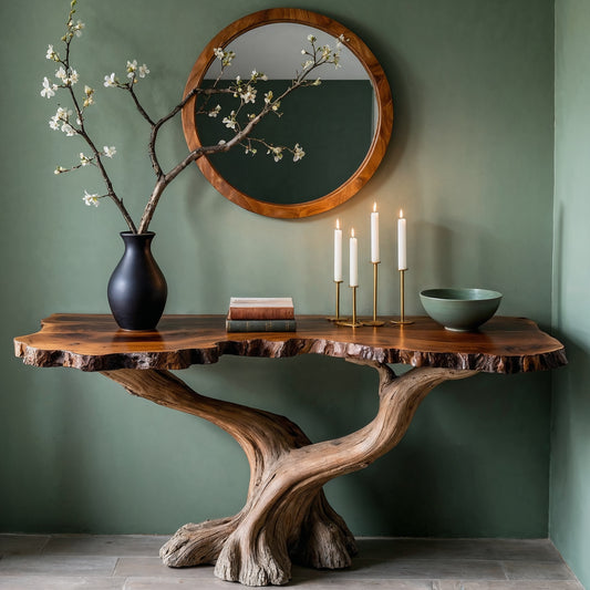 RootRise Console Table – Live Edge Handmade Entry Table with Sculpted Wood Base - Bespoke Wood TTK