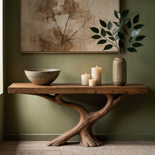 FlowRoot Console Table – Handmade Live Edge Entry Table With Sculptural Wooden Base - Bespoke Wood TTK