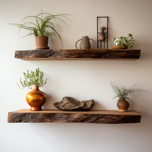 ShadowGrain Live Edge Shelf – Handcrafted Long Floating Wooden Wall Display - Bespoke Wood TTK