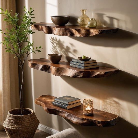 GrainHaven Floating Shelf – Rustic Live Edge Solid Wood Wall Display - Bespoke Wood TTK