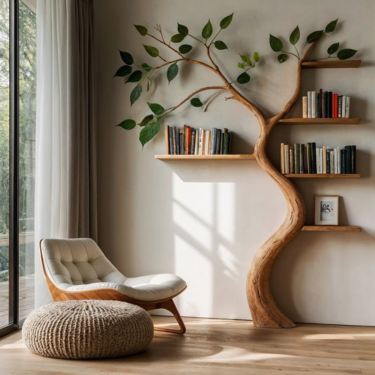LeafWhirl Tree Bookshelf – Handmade Wooden Wall Bookcase for Natural Decor - Bespoke Wood TTK