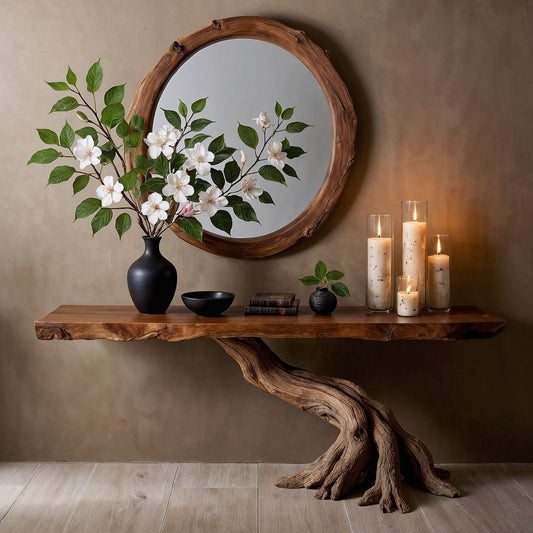 RootBloom Console Table – Handmade Live Edge Entryway Table with Natural Base - Bespoke Wood TTK
