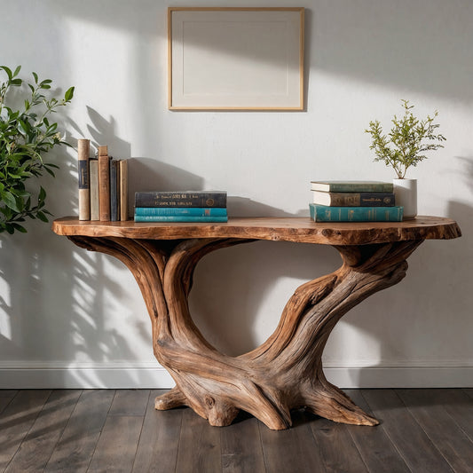RootWeave Console Table – Handmade Rustic Entryway Table with Live Edge Top - Bespoke Wood TTK