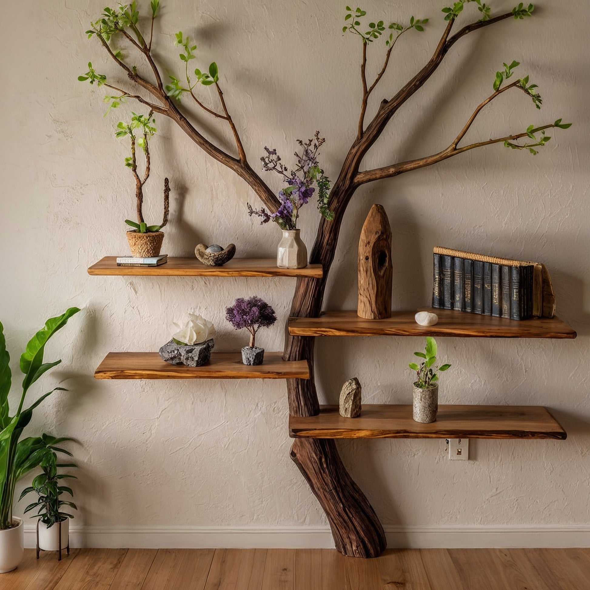 ZenCanopy Tree Bookshelf – Handmade Wall-Mounted Branch Shelf for Rustic Home Decor - Bespoke Wood TTK