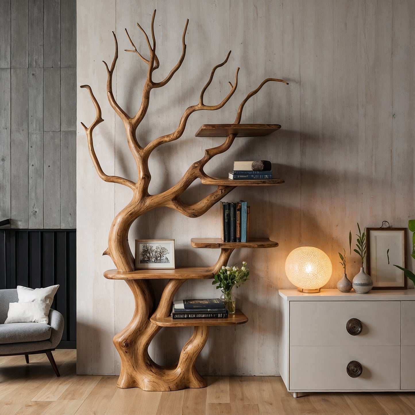 BranchMuse Tree Bookshelf – Handmade Wooden Wall Display for Books & Decor - Bespoke Wood TTK