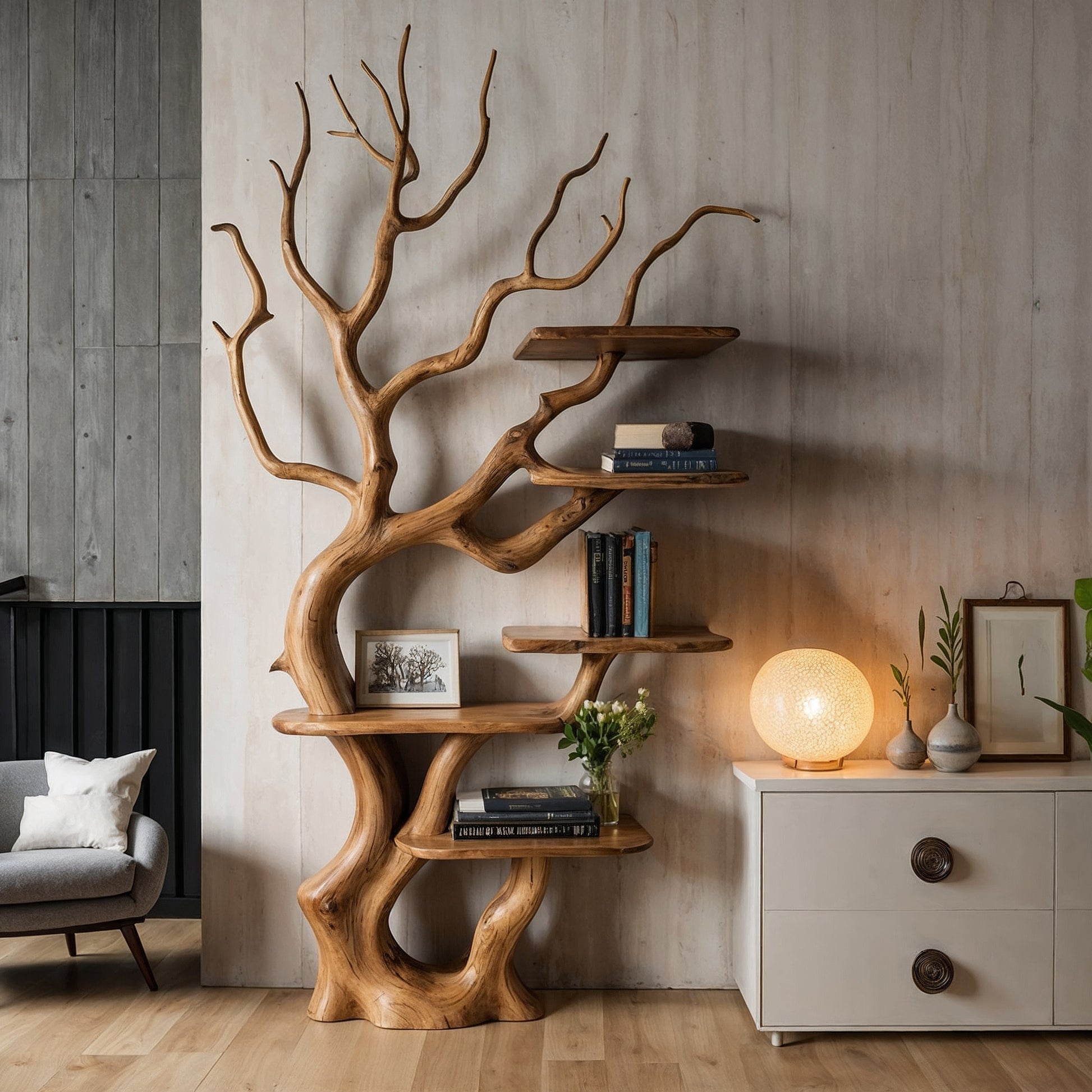 BranchMuse Tree Bookshelf – Handmade Wooden Wall Display for Books & Decor - Bespoke Wood TTK