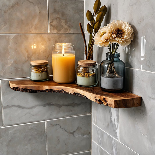 ElmEdge Live Edge Corner Shelf – Handmade Wood Wall Shelf For Rustic Decor - Bespoke Wood TTK
