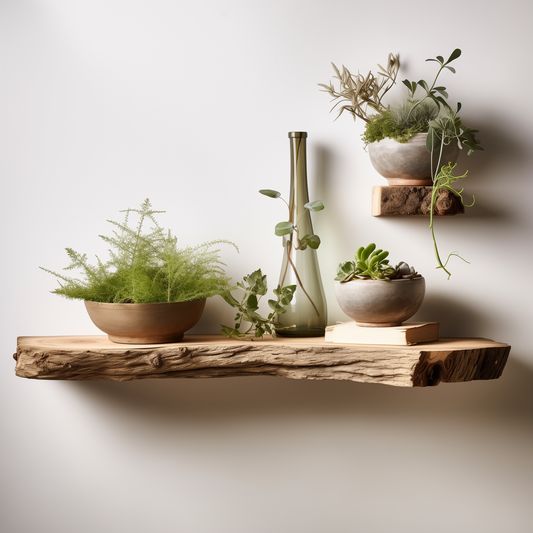 DriftNest Floating Shelf – Rustic Live Edge Solid Wood Display for Plants & Decor - Bespoke Wood TTK