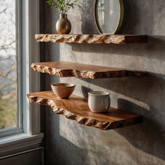 GrainFlow Live Edge Shelf | Rustic Solid Wood Wall Display - Bespoke Wood TTK