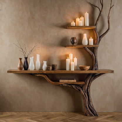 GlowTrunk Tree Console Table – Live Edge Rustic Shelf Design - Bespoke Wood TTK